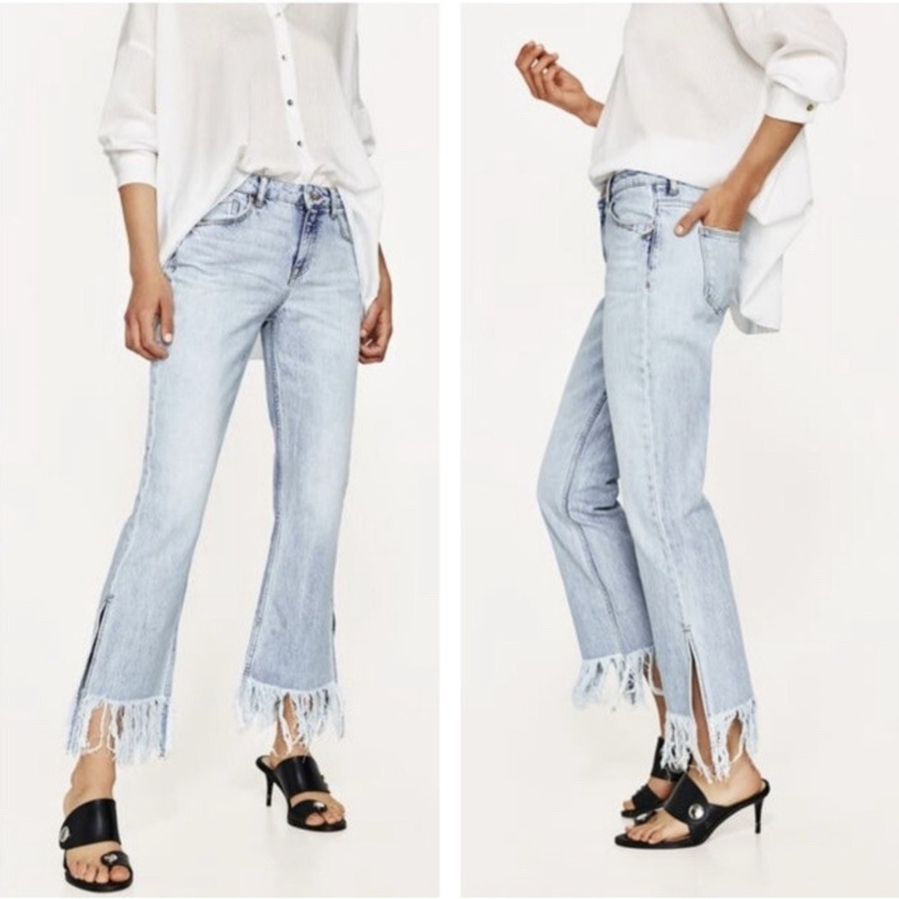 Zara Basic Mid-Rise Fringe Side Slit Crop Jeans Women’s Size 4 - Picture 1 of 13